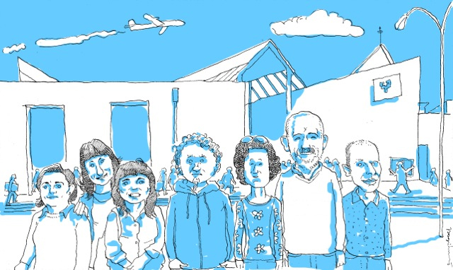 De izquierda a derecha: Begoña Medel, Susana Jodra, Kontxa Elorza, Natxo Rodriguez, Arantza Lauzirika, Mikel Bilbao y Jesús Melendez (Autor del dibujo: José Antonio Azpilikueta, profesor del Departamento de Dibujo).
