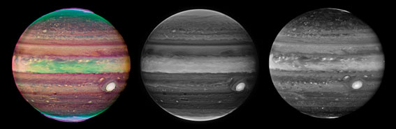 Imágenes de Júpiter obtenidas por el JWST. (Izquierda) Composición en falso color. (Centro) Imagen obtenida a una longitud de onda sensible a las nieblas superiores. (Derecha) Imagen obtenida en una longitud de onda sensible a las nubes inferiores.