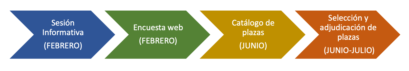 Sesión informativa y Encuesta  Web: Febrero, Catálogo  de plazas: Junio y Selección y adjudicación de plazas: Julio