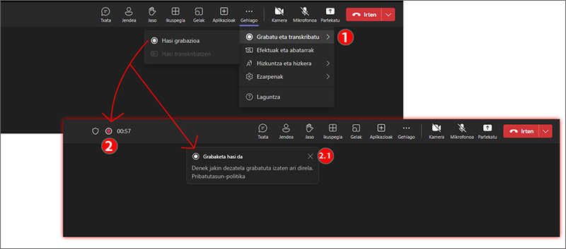 Irudiak erakusten du nola hasi grabazio bat