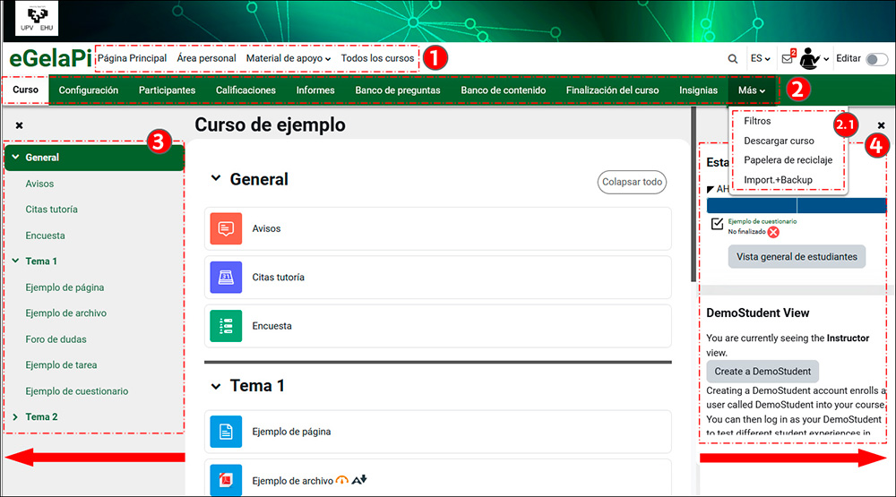 La imagen muestra las diferentes opciones de navegación y configuración de eGela
