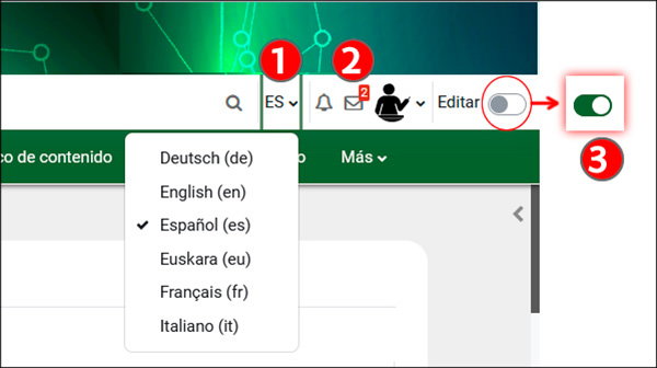 La imagen muestra las opciones para configurar el idioma y activar la edición