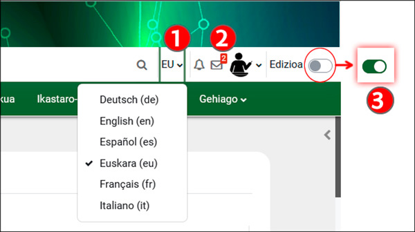Irudiak hizkuntza konfiguratzeko eta edizioa aktibatzeko aukerak erakusten ditu