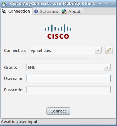 Connection > Connect to vpn.ehu.es, Group: EHU, Username & Passcode: LDAP. Connect