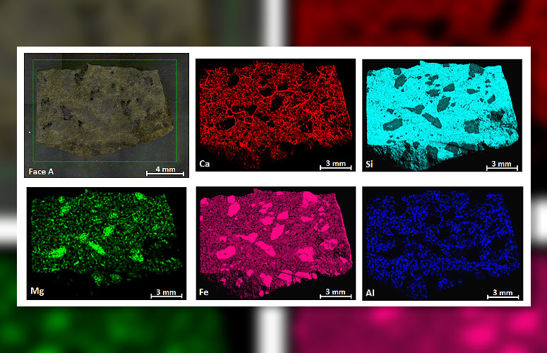 Imagen de la distribución de algunos elementos químicos (Ca, Si, Mg, Fe, Al) en uno de los meteoritos marcianos analizados por el grupo (IBeA / UPV/EHU).